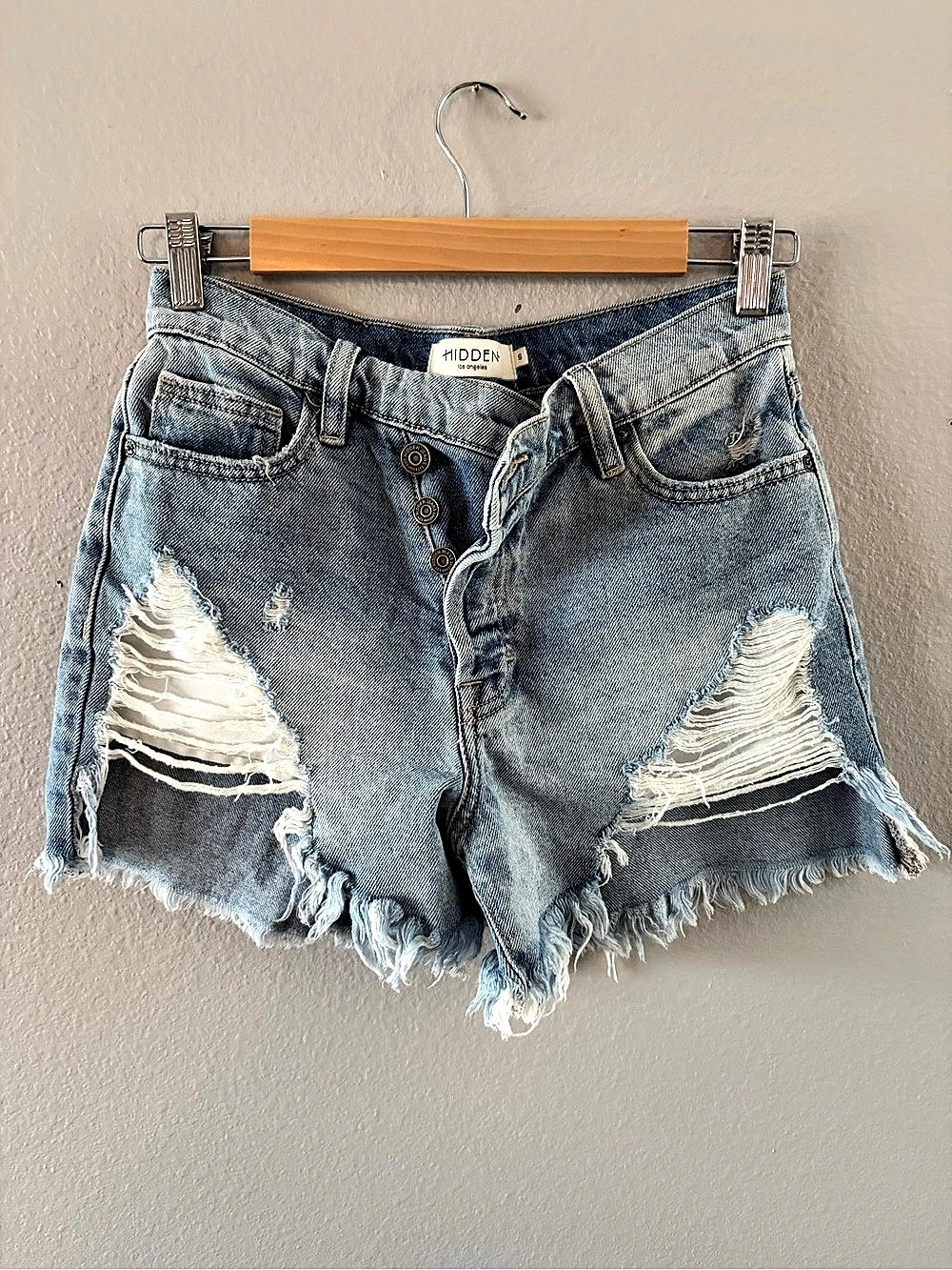 Hidden Distressed Denim Jean Shorts in Blue
